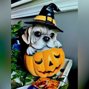 Halloween Pug Dog LIGHT UP Pumpkin Resin Statue Table Decor 9"‌‌‌ NWT